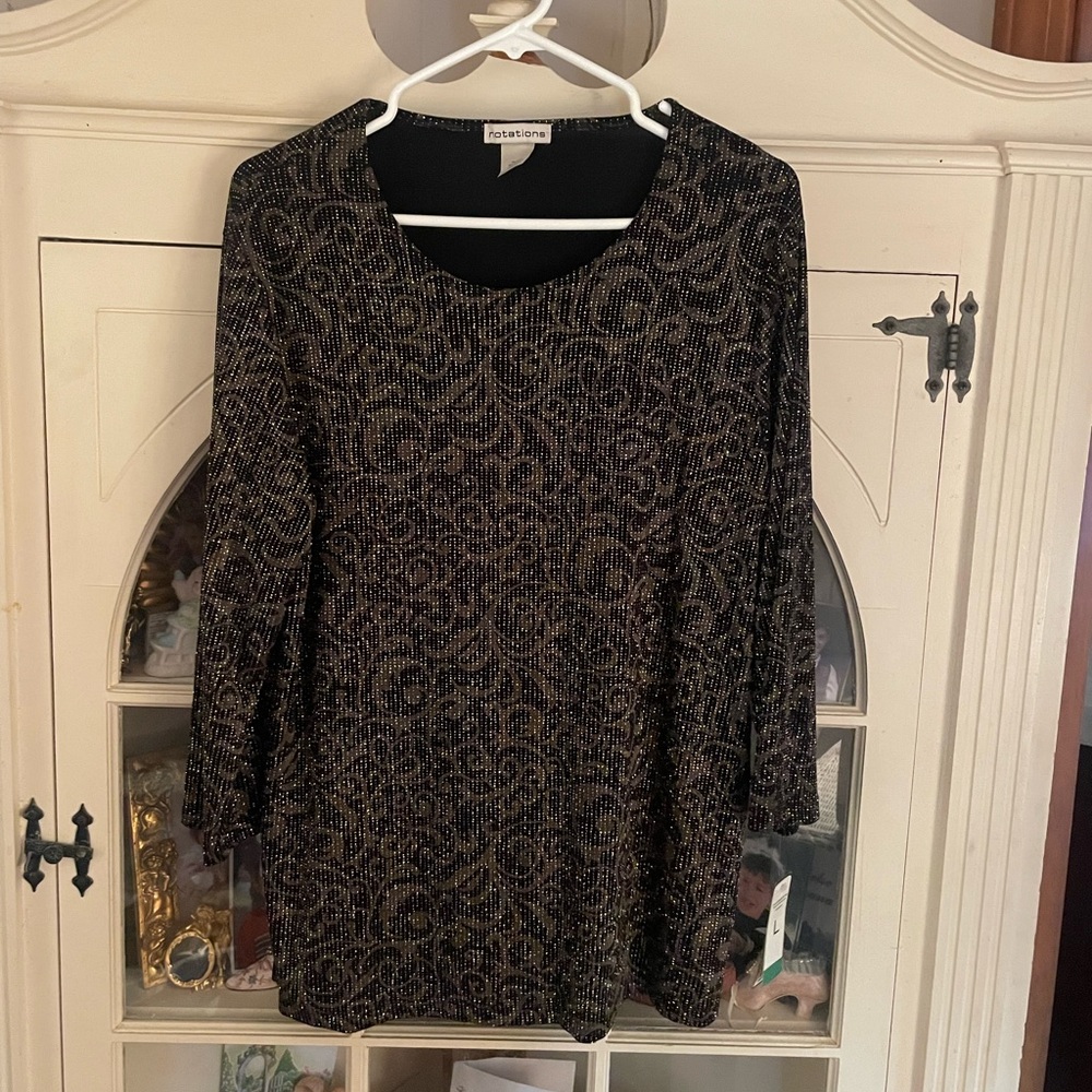 Notations Black and Gold Blouse L NWT